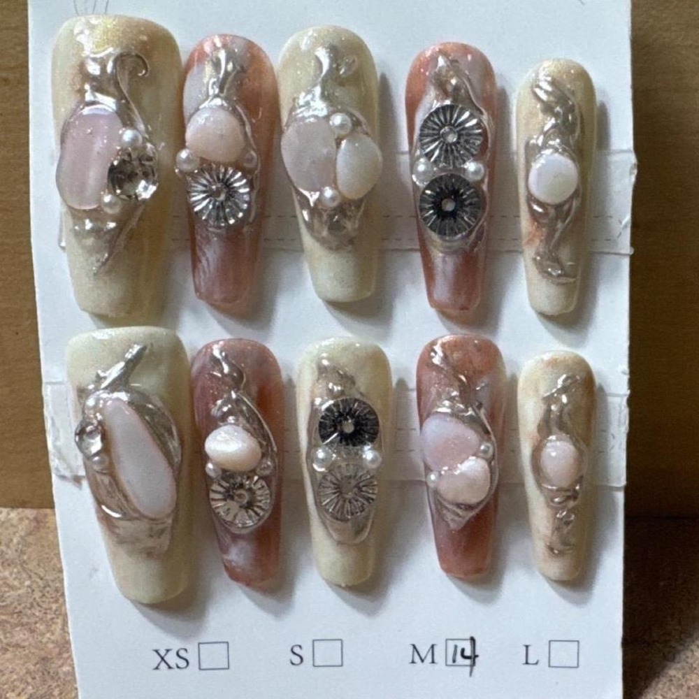 3D Press On Nails Rose Gold Silver Metallic Pearl Marble Coffin Size M‎